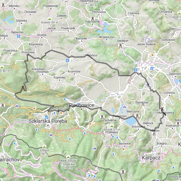 Map miniature of "Jelenia Góra Road Loop" cycling inspiration in Dolnośląskie, Poland. Generated by Tarmacs.app cycling route planner