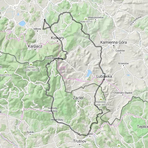 Map miniature of "The Roadmaster's Delight" cycling inspiration in Dolnośląskie, Poland. Generated by Tarmacs.app cycling route planner