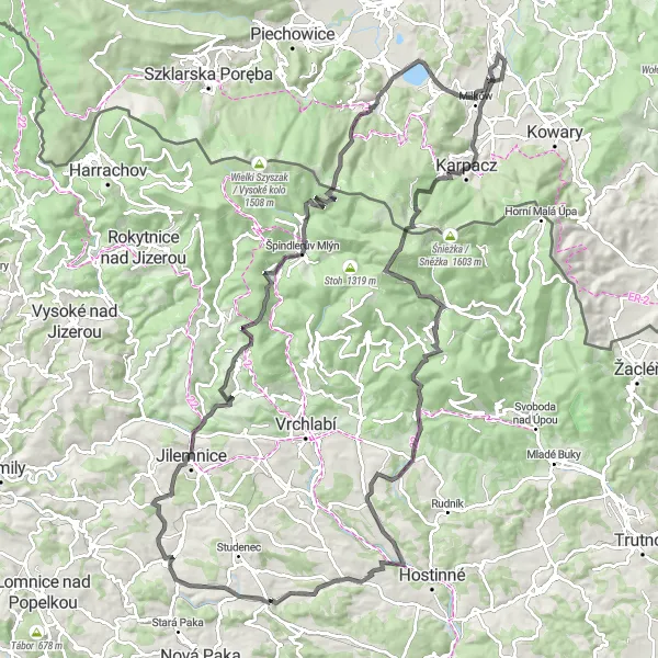 Map miniature of "Karkonosze Mountain Challenge" cycling inspiration in Dolnośląskie, Poland. Generated by Tarmacs.app cycling route planner