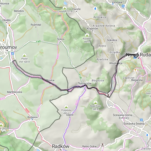 Miniatura mapy "Trasa z Nowej Rudy przez Sarbin i Krępiec" - trasy rowerowej w Dolnośląskie, Poland. Wygenerowane przez planer tras rowerowych Tarmacs.app