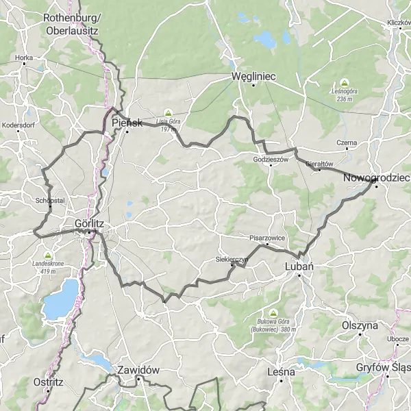 Miniatura mapy "Trasa Szosowa do Nowogrodźca" - trasy rowerowej w Dolnośląskie, Poland. Wygenerowane przez planer tras rowerowych Tarmacs.app