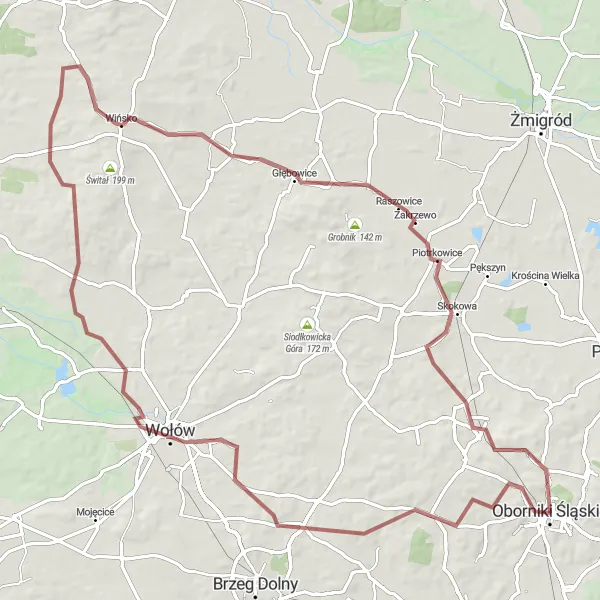 Map miniature of "Gravel Adventure to Rościsławice and Sienna" cycling inspiration in Dolnośląskie, Poland. Generated by Tarmacs.app cycling route planner