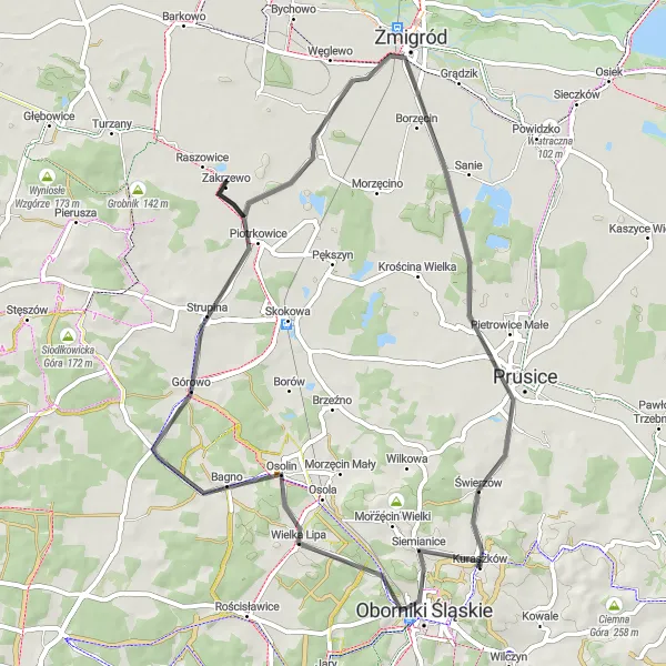 Map miniature of "Scenic Road Cycling to Osolin and Wzgórze Strupińskie" cycling inspiration in Dolnośląskie, Poland. Generated by Tarmacs.app cycling route planner