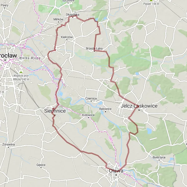 Map miniature of "Gravel Adventure around Oława" cycling inspiration in Dolnośląskie, Poland. Generated by Tarmacs.app cycling route planner