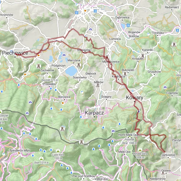 Map miniature of "Piechowice Gravel Adventure" cycling inspiration in Dolnośląskie, Poland. Generated by Tarmacs.app cycling route planner