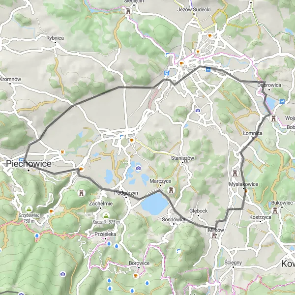 Map miniature of "Piechowice and Beyond" cycling inspiration in Dolnośląskie, Poland. Generated by Tarmacs.app cycling route planner