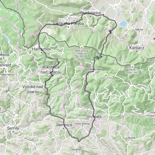 Map miniature of "Gateway to the Giant Mountains" cycling inspiration in Dolnośląskie, Poland. Generated by Tarmacs.app cycling route planner