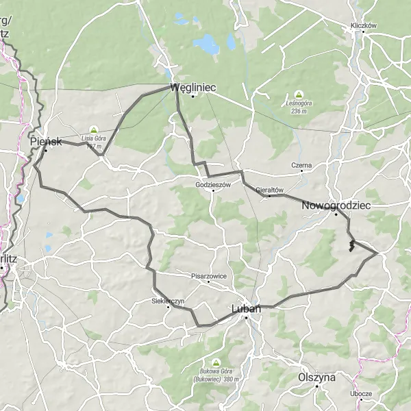 Map miniature of "Enchanting Sceneries of Pieńsk" cycling inspiration in Dolnośląskie, Poland. Generated by Tarmacs.app cycling route planner