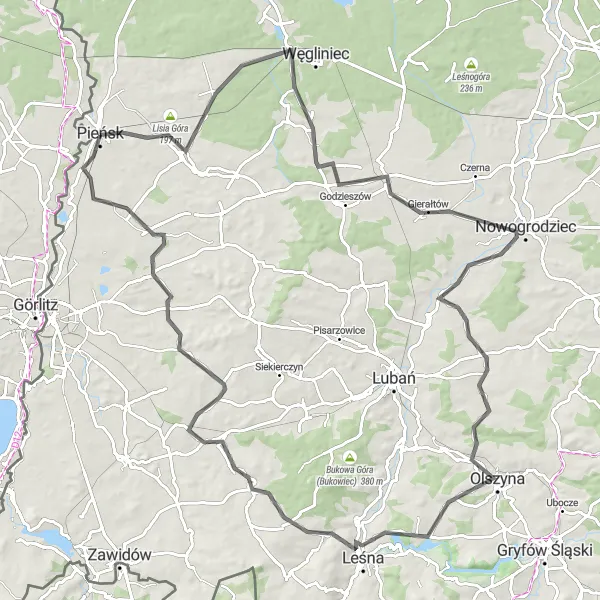 Map miniature of "The Scenic Sides of Pieńsk" cycling inspiration in Dolnośląskie, Poland. Generated by Tarmacs.app cycling route planner