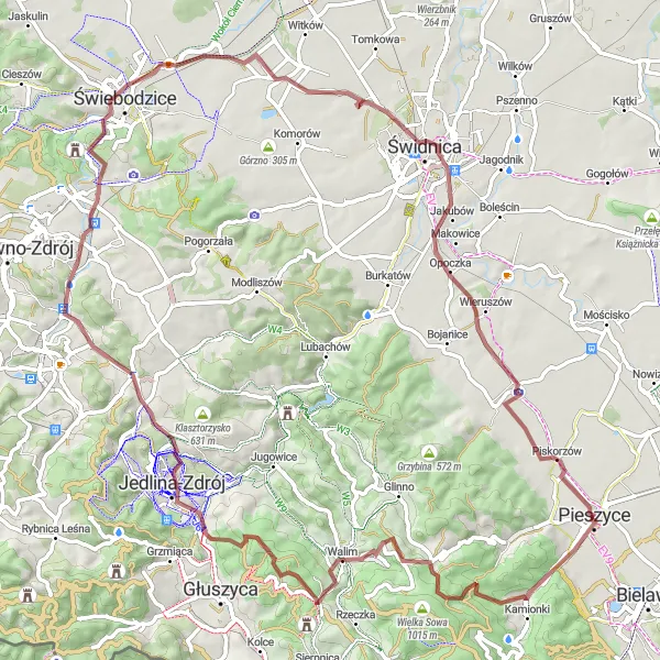 Map miniature of "Gravel Route Around Pieszyce" cycling inspiration in Dolnośląskie, Poland. Generated by Tarmacs.app cycling route planner