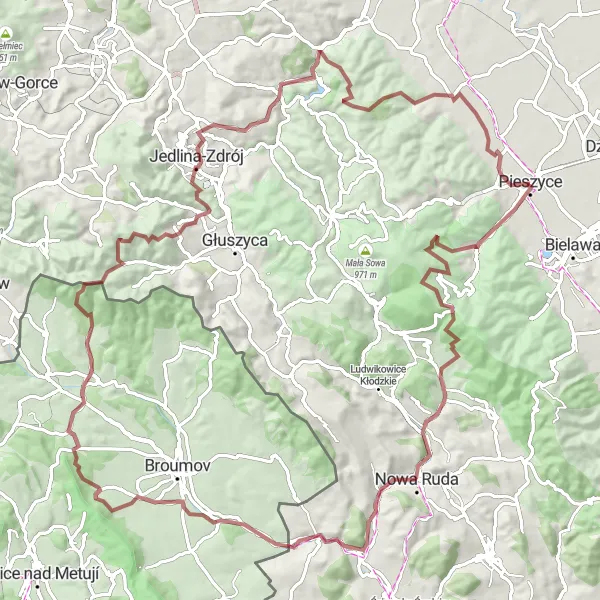 Miniatura mapy "Ekstremalna Trasa Gravelowa z Wysokimi Przewyższeniami" - trasy rowerowej w Dolnośląskie, Poland. Wygenerowane przez planer tras rowerowych Tarmacs.app