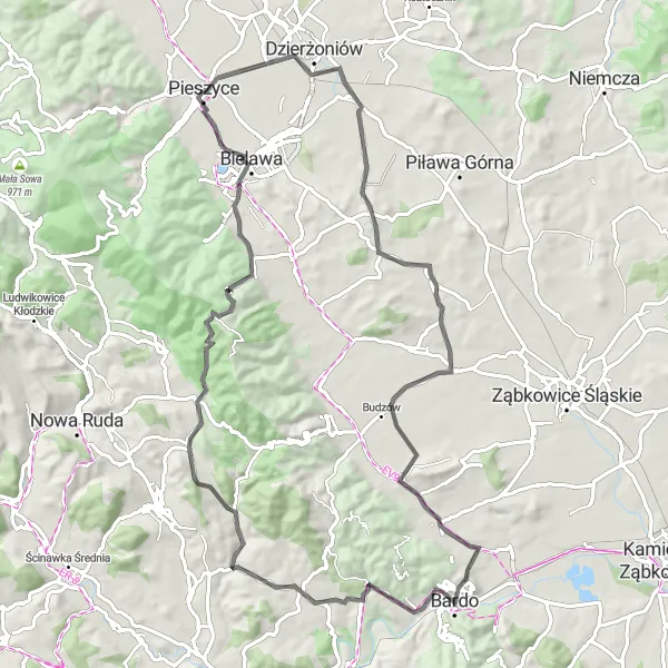 Map miniature of "Scenic Road Cycling Experience near Pieszyce" cycling inspiration in Dolnośląskie, Poland. Generated by Tarmacs.app cycling route planner