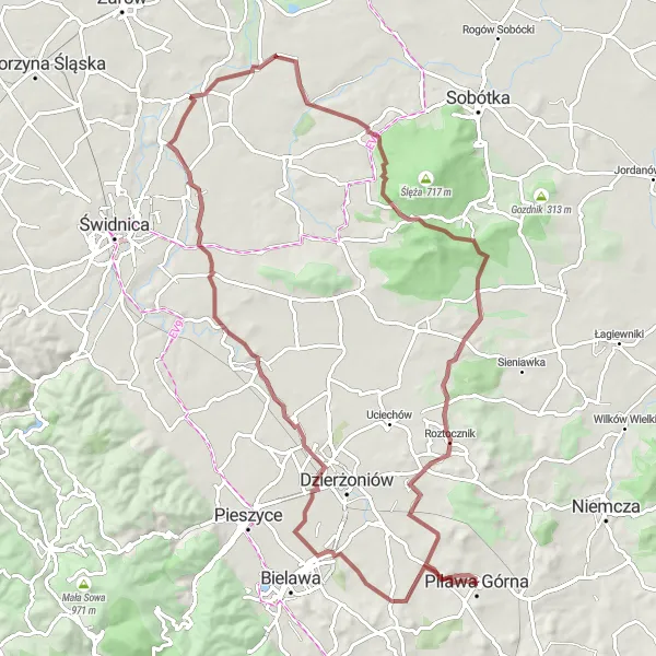 Miniatura mapy "Szlak do Piławy Górnej przez Łysochę i Alpy" - trasy rowerowej w Dolnośląskie, Poland. Wygenerowane przez planer tras rowerowych Tarmacs.app
