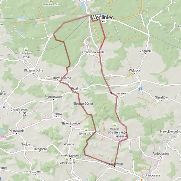 Map miniature of "Gravel Pathways of Pisarzowice" cycling inspiration in Dolnośląskie, Poland. Generated by Tarmacs.app cycling route planner