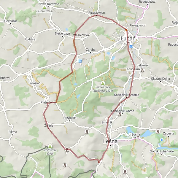 Map miniature of "Pisarzowice - Lubań - Kamienna Góra - Wysoka Stróża - Platerówka - Srebrnik - Rożek - Pisarzowice" cycling inspiration in Dolnośląskie, Poland. Generated by Tarmacs.app cycling route planner