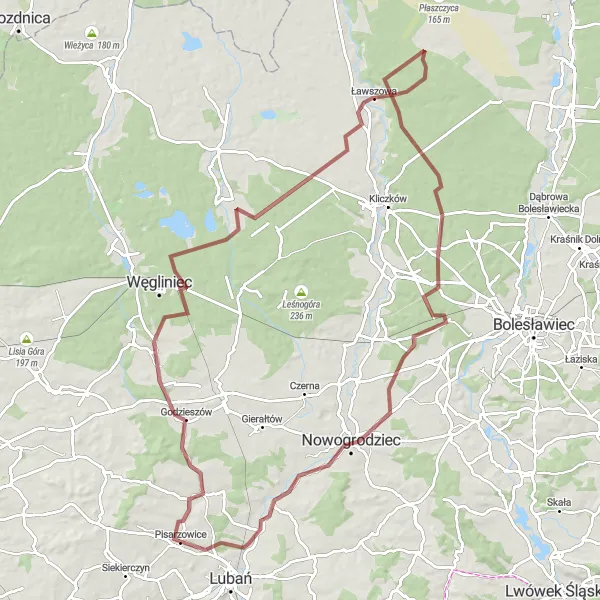 Miniatura mapy "Trasa gravelowa przez Maślaną Górę i Węgliniecką Górę" - trasy rowerowej w Dolnośląskie, Poland. Wygenerowane przez planer tras rowerowych Tarmacs.app