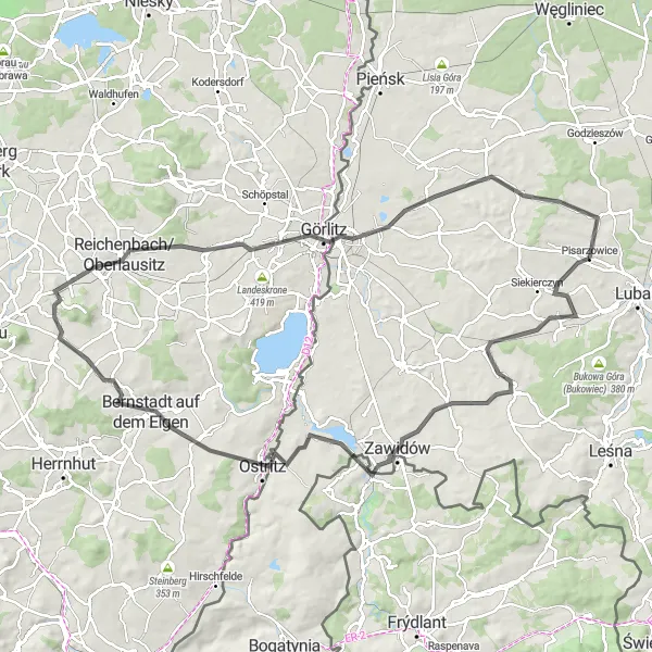 Map miniature of "Pisarzowice - Platerówka - Baran - Zawidów - Kamieniec - Bernstadt auf dem Eigen - Rosenhainer Berg - Reichenbach/Oberlausitz - Görlitz - Friedenshöhe - Biała Góra - Pisarzowice" cycling inspiration in Dolnośląskie, Poland. Generated by Tarmacs.app cycling route planner