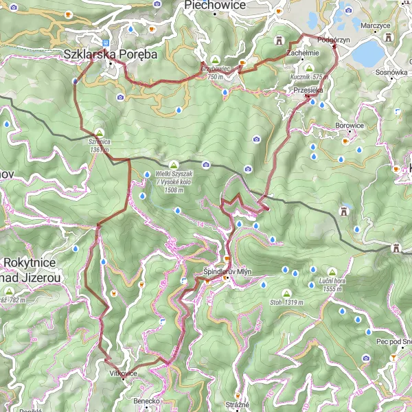 Map miniature of "Karkonosze Gravel Adventure" cycling inspiration in Dolnośląskie, Poland. Generated by Tarmacs.app cycling route planner