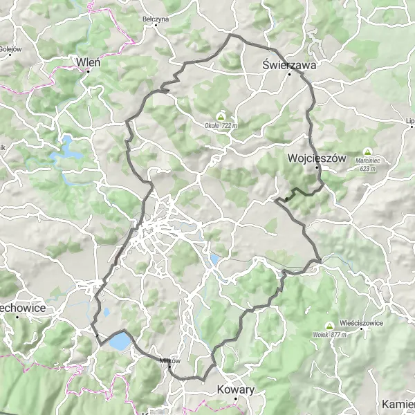 Map miniature of "The Wzgórze Adventure" cycling inspiration in Dolnośląskie, Poland. Generated by Tarmacs.app cycling route planner