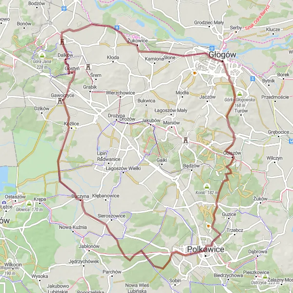 Map miniature of "Polkowice Gravel Adventure" cycling inspiration in Dolnośląskie, Poland. Generated by Tarmacs.app cycling route planner