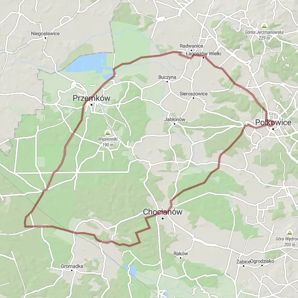 Map miniature of "Polkowice Hilltops Trail – Unveil the Historical Treasures" cycling inspiration in Dolnośląskie, Poland. Generated by Tarmacs.app cycling route planner