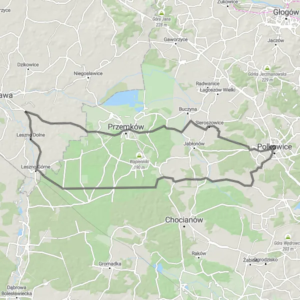 Map miniature of "Polkowice Loop" cycling inspiration in Dolnośląskie, Poland. Generated by Tarmacs.app cycling route planner