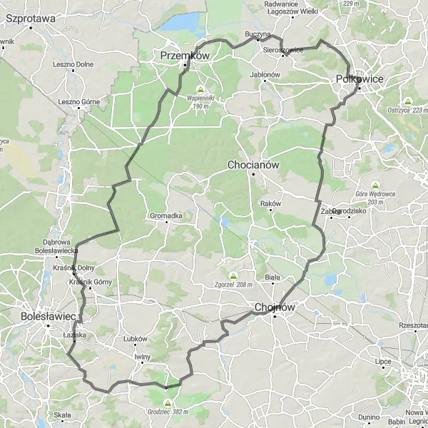 Map miniature of "Trzmielów Challenge – Conquer the Mountains and Test Your Limits" cycling inspiration in Dolnośląskie, Poland. Generated by Tarmacs.app cycling route planner