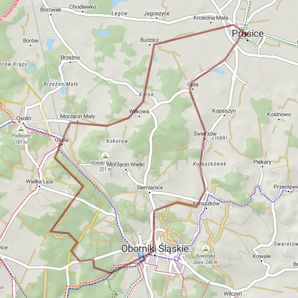 Map miniature of "Oborniki Śląskie and Ruska Górka Loop" cycling inspiration in Dolnośląskie, Poland. Generated by Tarmacs.app cycling route planner