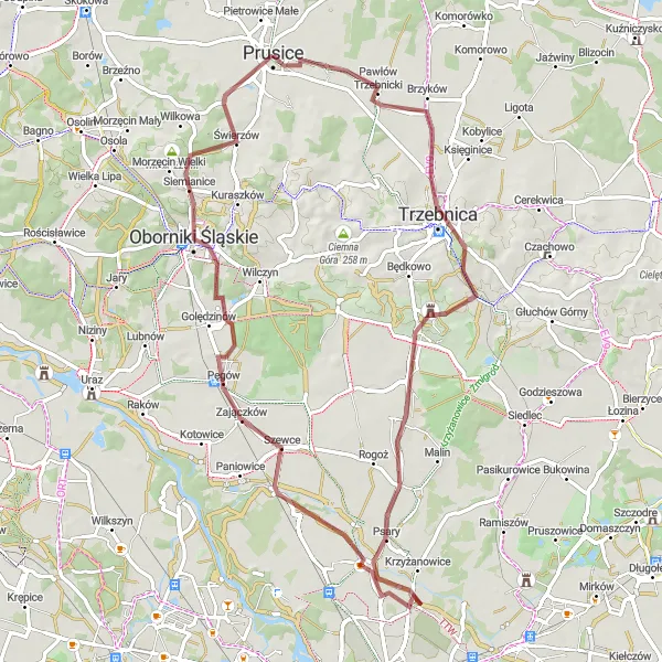 Map miniature of "Trzebnica Gravel Loop" cycling inspiration in Dolnośląskie, Poland. Generated by Tarmacs.app cycling route planner