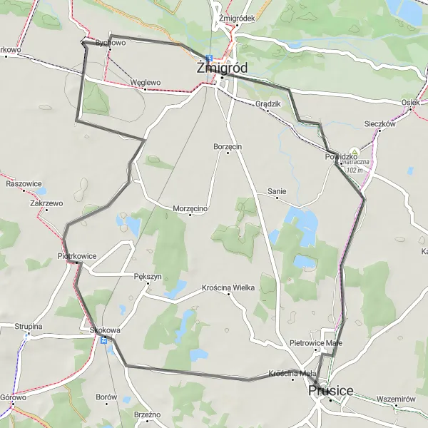 Map miniature of "Prusice to Ostrysz Loop" cycling inspiration in Dolnośląskie, Poland. Generated by Tarmacs.app cycling route planner