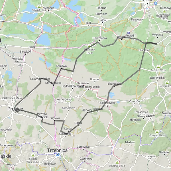 Map miniature of "Prusice Castle Loop" cycling inspiration in Dolnośląskie, Poland. Generated by Tarmacs.app cycling route planner