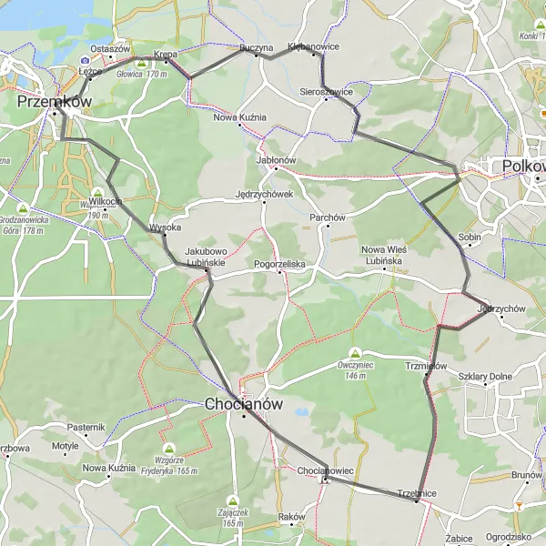 Map miniature of "Scenic Road Loop from Przemków" cycling inspiration in Dolnośląskie, Poland. Generated by Tarmacs.app cycling route planner