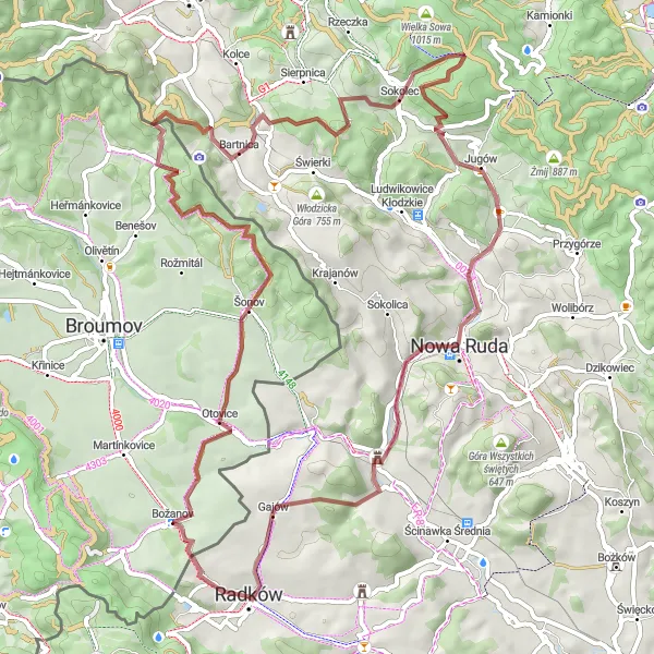 Miniatura mapy "Trasa gravelowa dookoła Radkowa" - trasy rowerowej w Dolnośląskie, Poland. Wygenerowane przez planer tras rowerowych Tarmacs.app