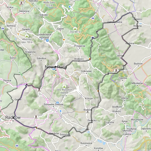 Map miniature of "Road Cycling Loop near Radków" cycling inspiration in Dolnośląskie, Poland. Generated by Tarmacs.app cycling route planner