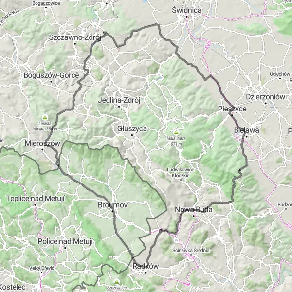 Miniatura mapy "Trasa szosowa z Radkowa" - trasy rowerowej w Dolnośląskie, Poland. Wygenerowane przez planer tras rowerowych Tarmacs.app