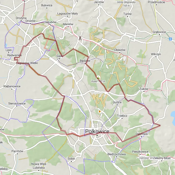 Miniatura mapy "Wyprawa do Konków i Polkowic" - trasy rowerowej w Dolnośląskie, Poland. Wygenerowane przez planer tras rowerowych Tarmacs.app