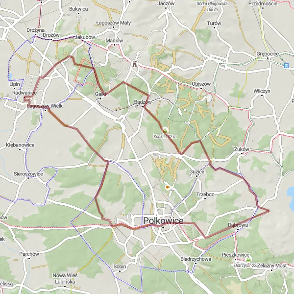 Map miniature of "Radwanice - Polkowice Loop" cycling inspiration in Dolnośląskie, Poland. Generated by Tarmacs.app cycling route planner