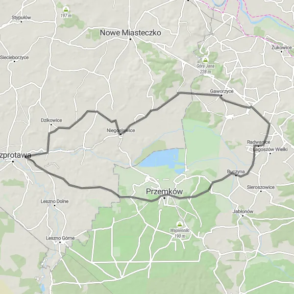 Map miniature of "Radwanice to Gaworzycach Castle Loop – Historic Villages and Magnificent Castle" cycling inspiration in Dolnośląskie, Poland. Generated by Tarmacs.app cycling route planner