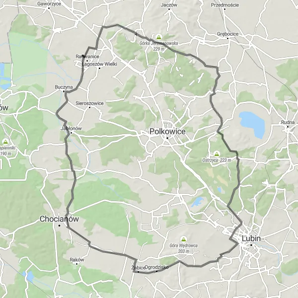 Map miniature of "Radwanice to Trzebnice Epic Loop – Rural Landscapes and Historic Villages" cycling inspiration in Dolnośląskie, Poland. Generated by Tarmacs.app cycling route planner