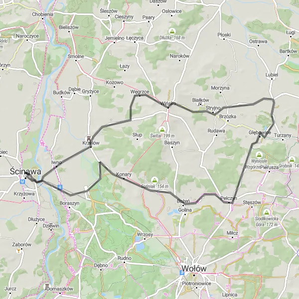 Map miniature of "Krzelów Circuit" cycling inspiration in Dolnośląskie, Poland. Generated by Tarmacs.app cycling route planner