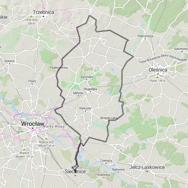 Map miniature of "Cycling through the Hills: Siechnice Road Cycling Route" cycling inspiration in Dolnośląskie, Poland. Generated by Tarmacs.app cycling route planner