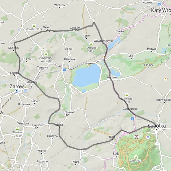 Map miniature of "Wzgórza Dolnośląskie Loop" cycling inspiration in Dolnośląskie, Poland. Generated by Tarmacs.app cycling route planner
