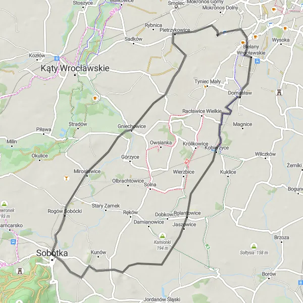 Map miniature of "Rogów Sobócki Excursion" cycling inspiration in Dolnośląskie, Poland. Generated by Tarmacs.app cycling route planner