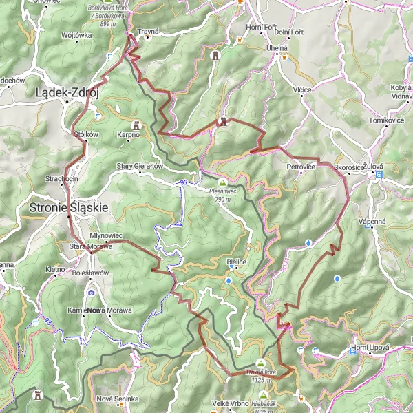 Map miniature of "Góry Złotogórskie Gravel Route" cycling inspiration in Dolnośląskie, Poland. Generated by Tarmacs.app cycling route planner