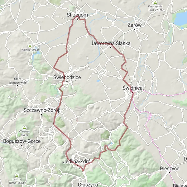 Map miniature of "Gravel Odyssey to Świebodzice" cycling inspiration in Dolnośląskie, Poland. Generated by Tarmacs.app cycling route planner