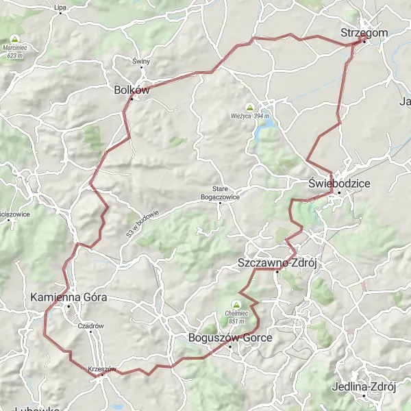 Map miniature of "Mountainous Gravel Adventure" cycling inspiration in Dolnośląskie, Poland. Generated by Tarmacs.app cycling route planner