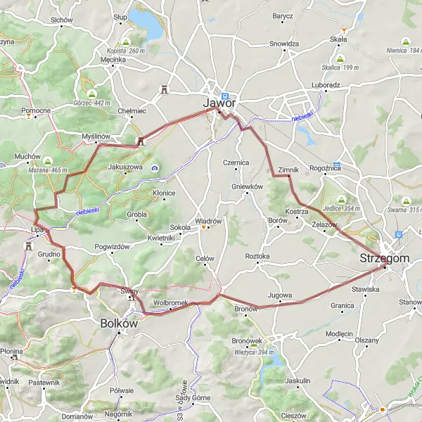 Map miniature of "Gravel Adventure through Strzegom" cycling inspiration in Dolnośląskie, Poland. Generated by Tarmacs.app cycling route planner