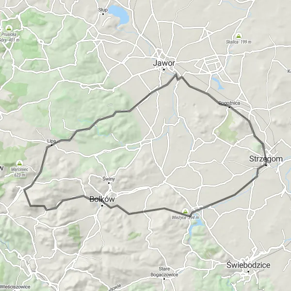 Map miniature of "Road Adventure to Bolków" cycling inspiration in Dolnośląskie, Poland. Generated by Tarmacs.app cycling route planner