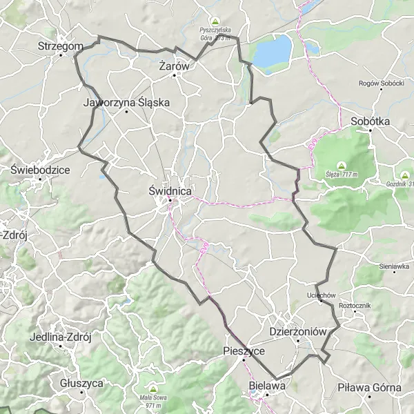 Map miniature of "The Strzegom Adventure" cycling inspiration in Dolnośląskie, Poland. Generated by Tarmacs.app cycling route planner