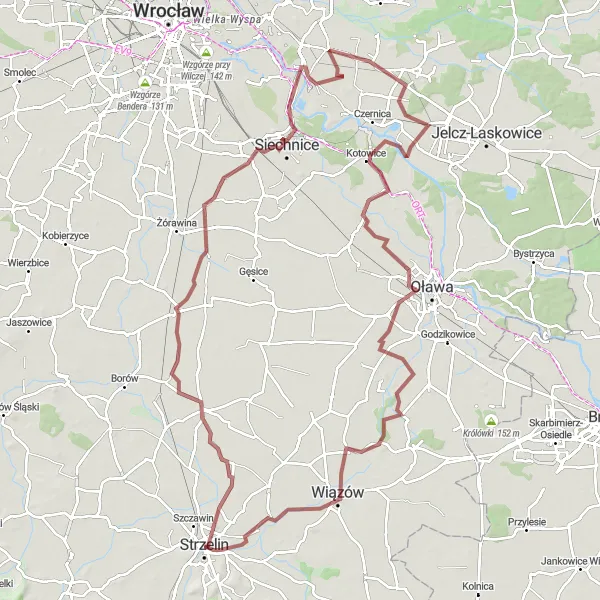 Map miniature of "Strzelin - Bocianie Gniazdo - Borek Strzeliński - Turów - Siechnice - Wojnowice - Stanowice - Pogorzelec - Wiązów - Parkowa - Strzelin" cycling inspiration in Dolnośląskie, Poland. Generated by Tarmacs.app cycling route planner